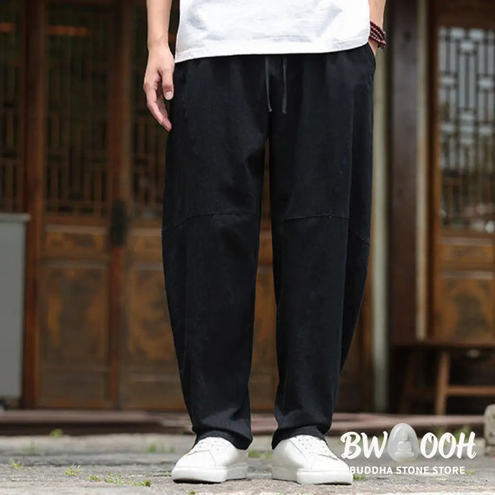 Buddha Stones Solid Drawstring Men’s Elastic Waistband Cotton Linen Pants With Pockets - Men’s Pants
