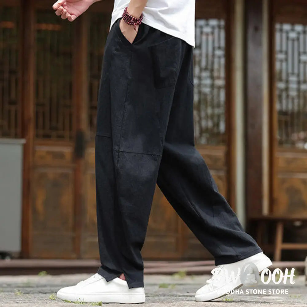 Buddha Stones Solid Drawstring Men’s Elastic Waistband Cotton Linen Pants With Pockets - Men’s Pants