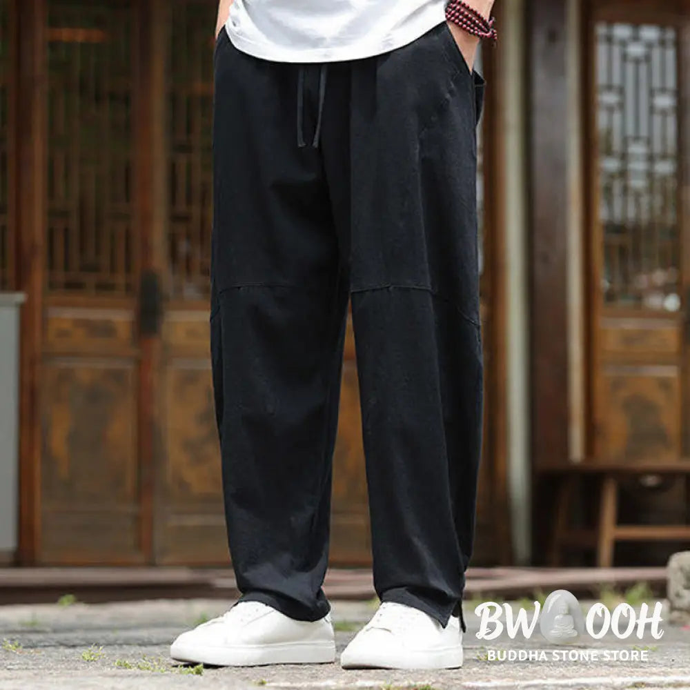 Buddha Stones Solid Drawstring Men’s Elastic Waistband Cotton Linen Pants With Pockets - Men’s Pants