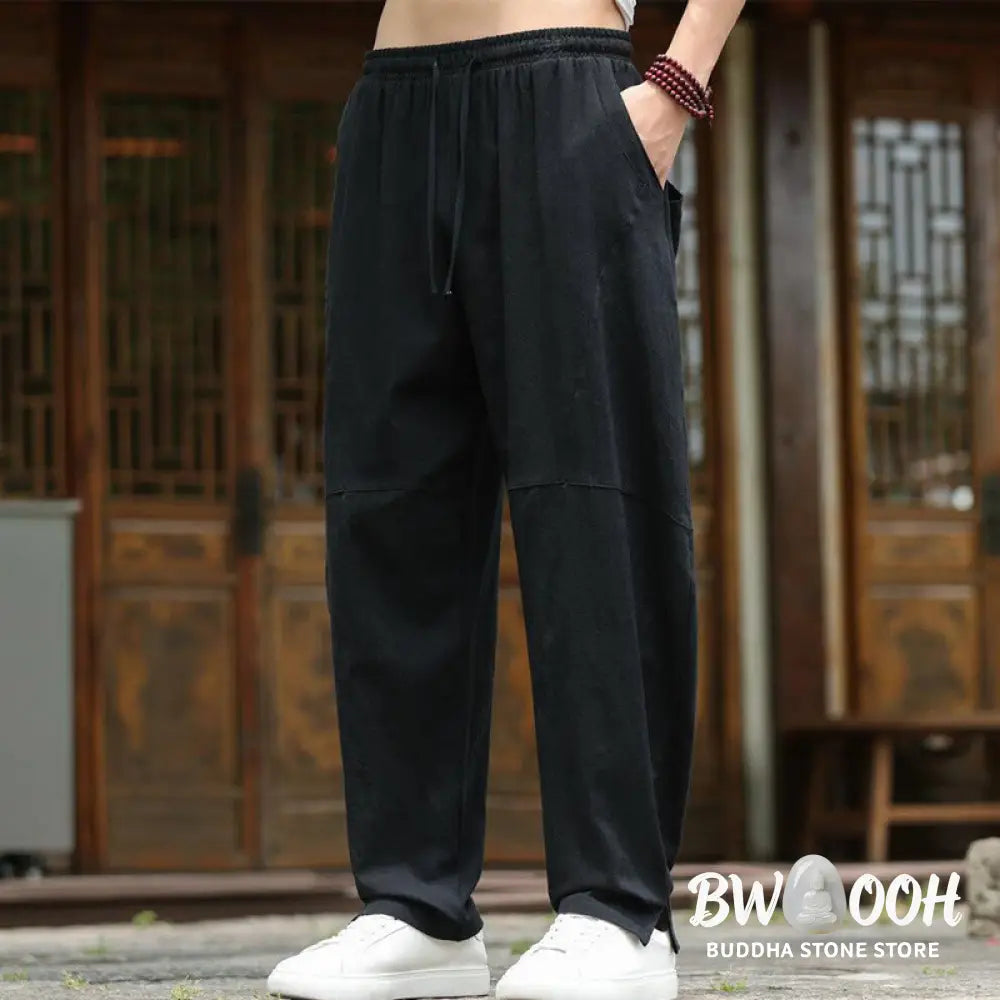 Buddha Stones Solid Drawstring Men’s Elastic Waistband Cotton Linen Pants With Pockets - Men’s Pants