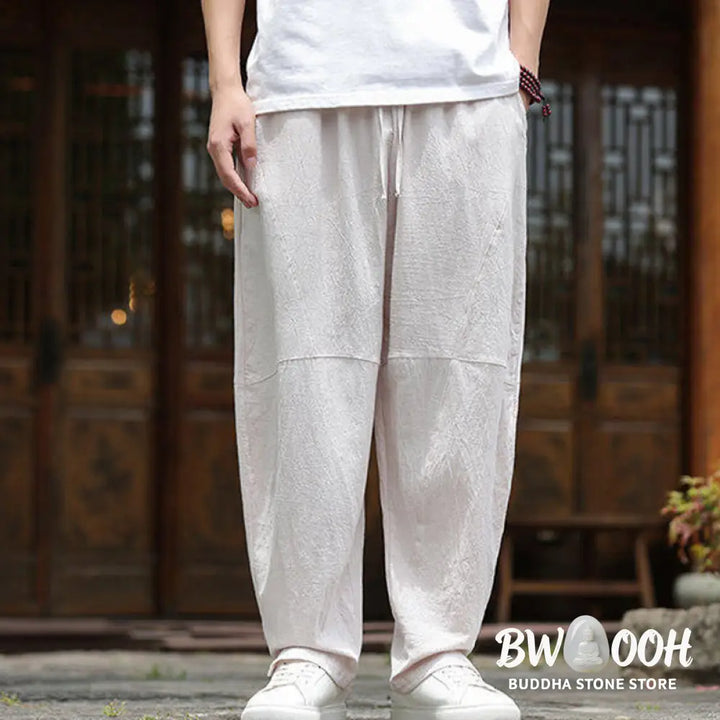 Buddha Stones Solid Drawstring Men’s Elastic Waistband Cotton Linen Pants With Pockets - Men’s Pants