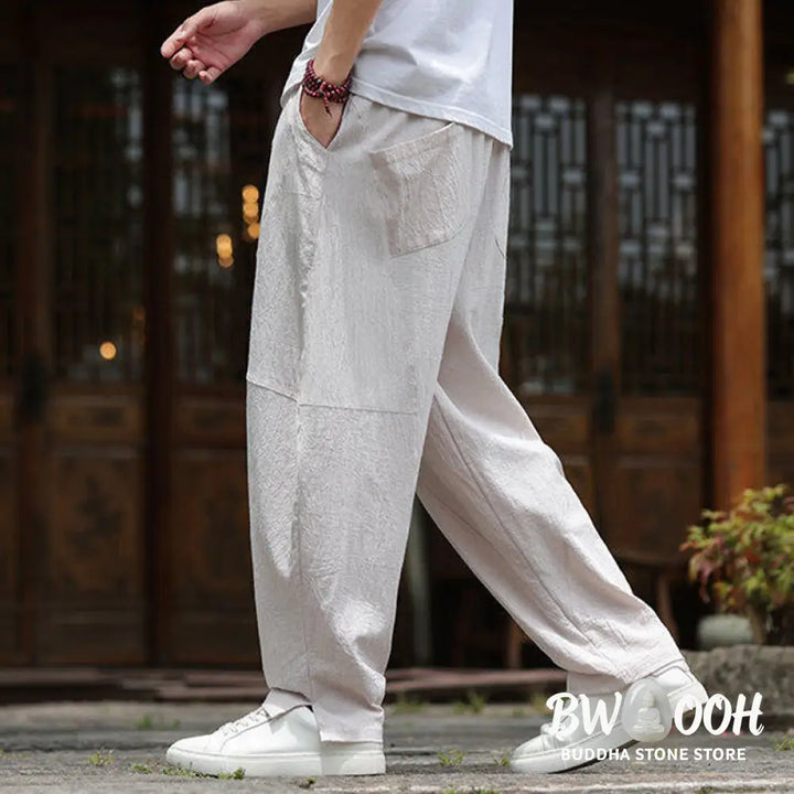 Buddha Stones Solid Drawstring Men’s Elastic Waistband Cotton Linen Pants With Pockets - Men’s Pants