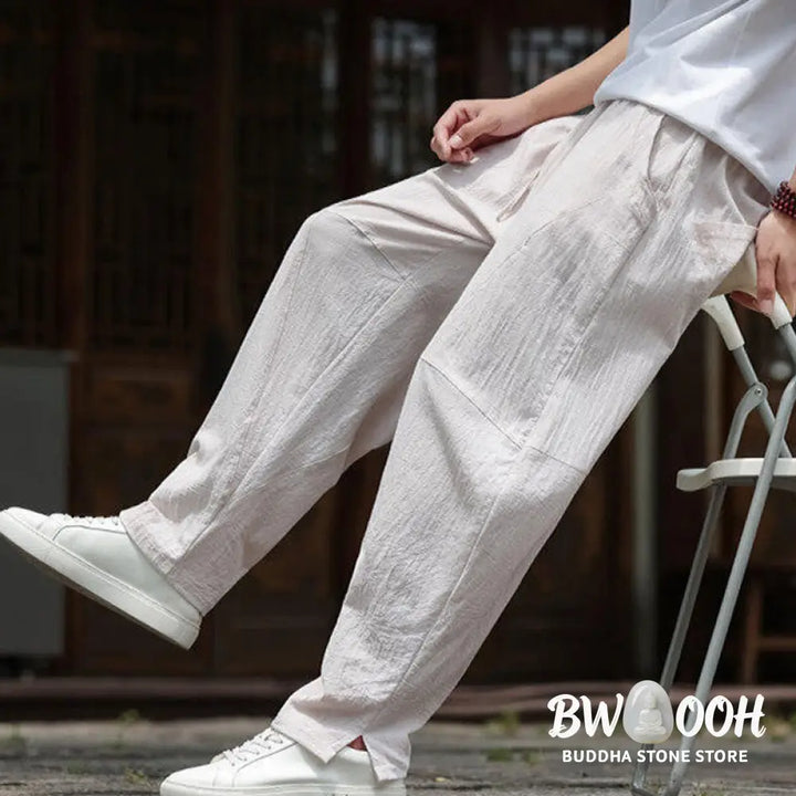 Buddha Stones Solid Drawstring Men’s Elastic Waistband Cotton Linen Pants With Pockets - Men’s Pants