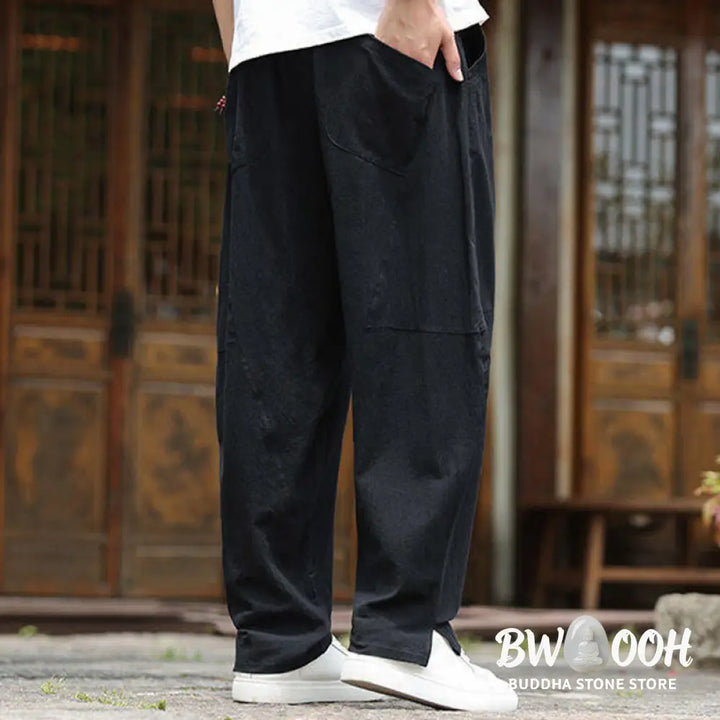Buddha Stones Solid Drawstring Men’s Elastic Waistband Cotton Linen Pants With Pockets - Men’s Pants