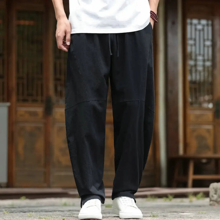 Buddha Stones Solid Drawstring Men’s Elastic Waistband Cotton Linen Pants With Pockets - Black / US/UK/AU36，EU46 (L)