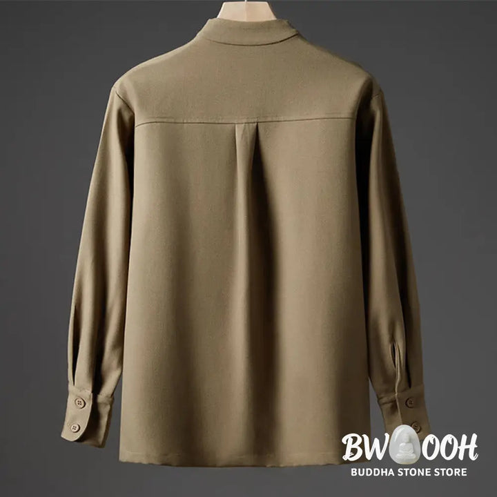 Buddha Stones Solid Fall Long Sleeve Hidden Half Button Design Men’s Shirts - Men’s Shirts