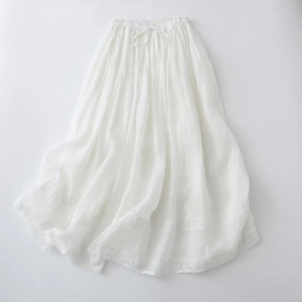 Buddha Stones Solid Lace Elastic Waist Cotton Women’s Skirt - White / US4，UK/AU8，EU36 (L) - Skirt