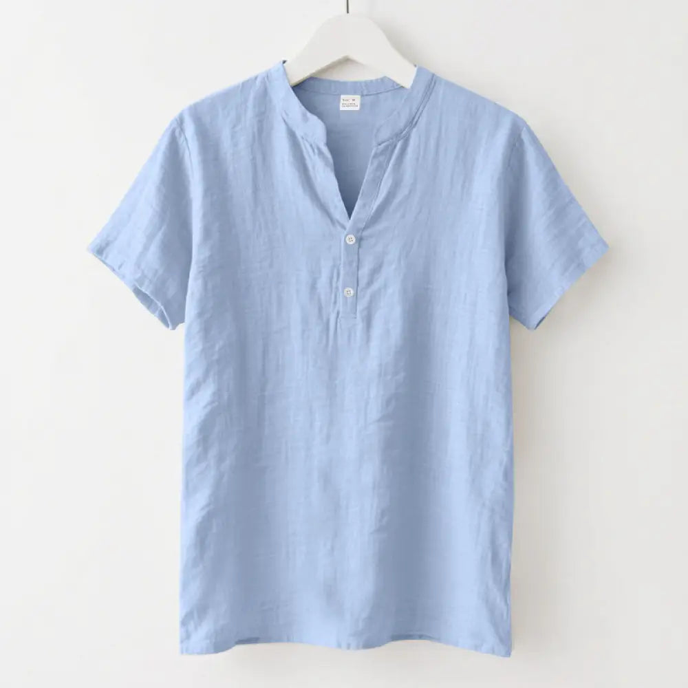 Buddha Stones Solid Summer Short Sleeve Half Buttons Linen Men’s Shirt - LightSkyBlue / US/UK/AU36，EU46 (S) - Men’s