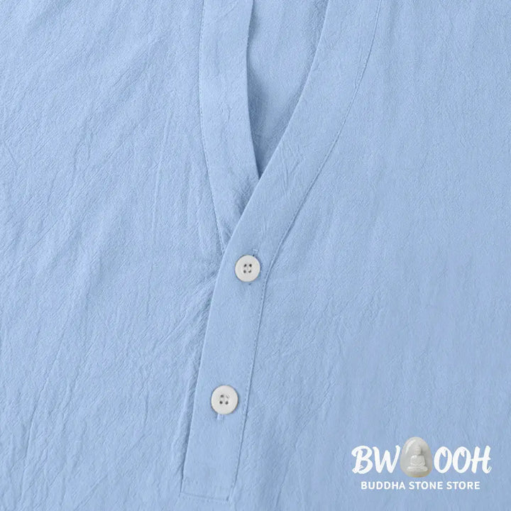 Buddha Stones Solid Summer Short Sleeve Half Buttons Linen Men’s Shirt - Men’s Shirts