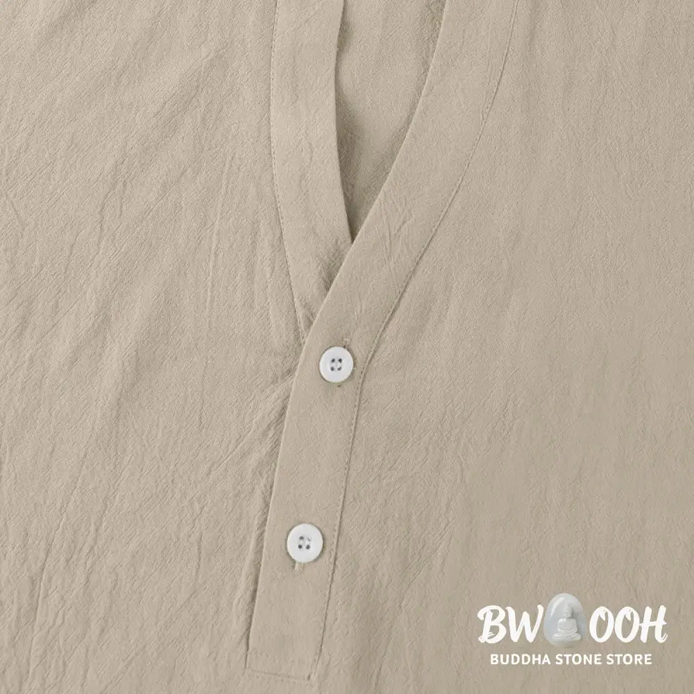 Buddha Stones Solid Summer Short Sleeve Half Buttons Linen Men’s Shirt - Men’s Shirts