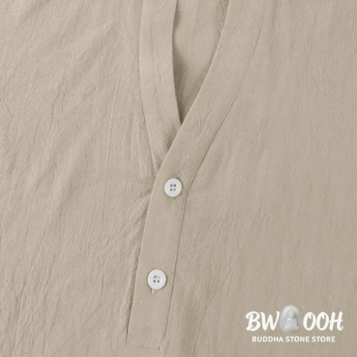 Buddha Stones Solid Summer Short Sleeve Half Buttons Linen Men’s Shirt - Men’s Shirts
