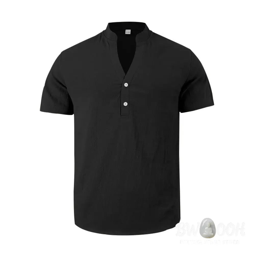 Buddha Stones Solid Summer Short Sleeve Half Buttons Linen Men’s Shirt - Men’s Shirts