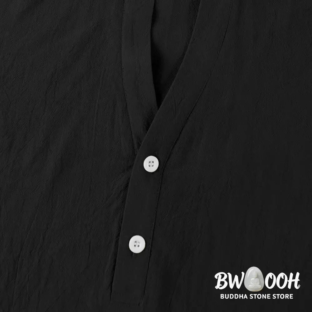 Buddha Stones Solid Summer Short Sleeve Half Buttons Linen Men’s Shirt - Men’s Shirts