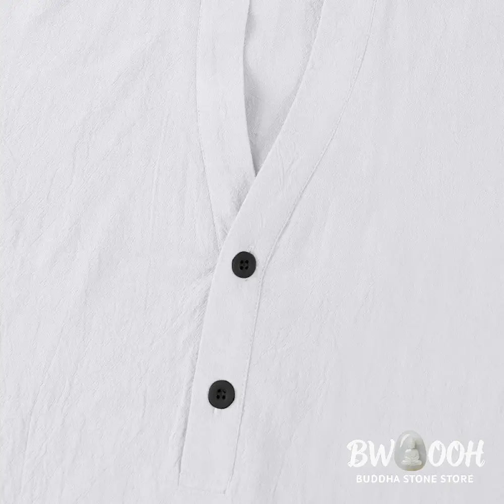 Buddha Stones Solid Summer Short Sleeve Half Buttons Linen Men’s Shirt - Men’s Shirts