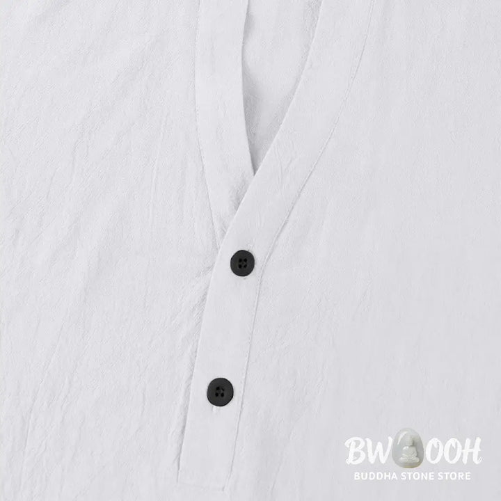 Buddha Stones Solid Summer Short Sleeve Half Buttons Linen Men’s Shirt - Men’s Shirts