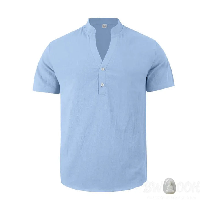 Buddha Stones Solid Summer Short Sleeve Half Buttons Linen Men’s Shirt - Men’s Shirts
