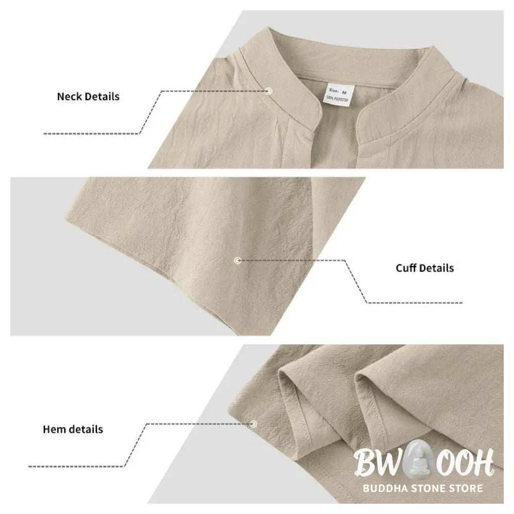 Buddha Stones Solid Summer Short Sleeve Half Buttons Linen Men’s Shirt - Men’s Shirts