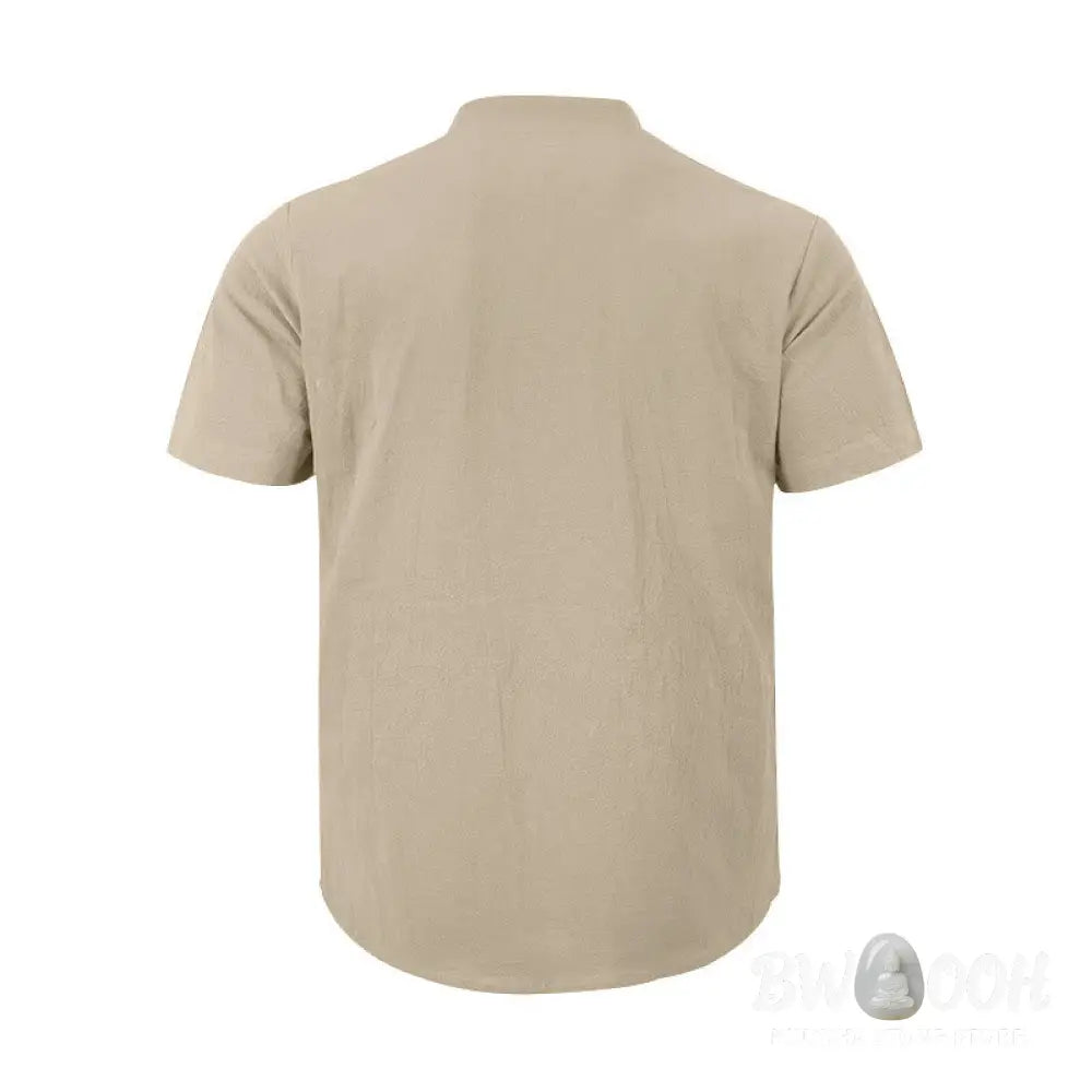 Buddha Stones Solid Summer Short Sleeve Half Buttons Linen Men’s Shirt - Men’s Shirts