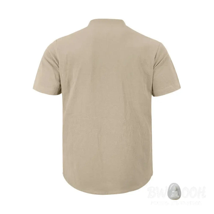 Buddha Stones Solid Summer Short Sleeve Half Buttons Linen Men’s Shirt - Men’s Shirts