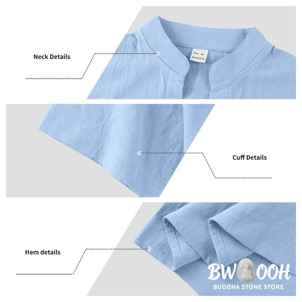 Buddha Stones Solid Summer Short Sleeve Half Buttons Linen Men’s Shirt - Men’s Shirts