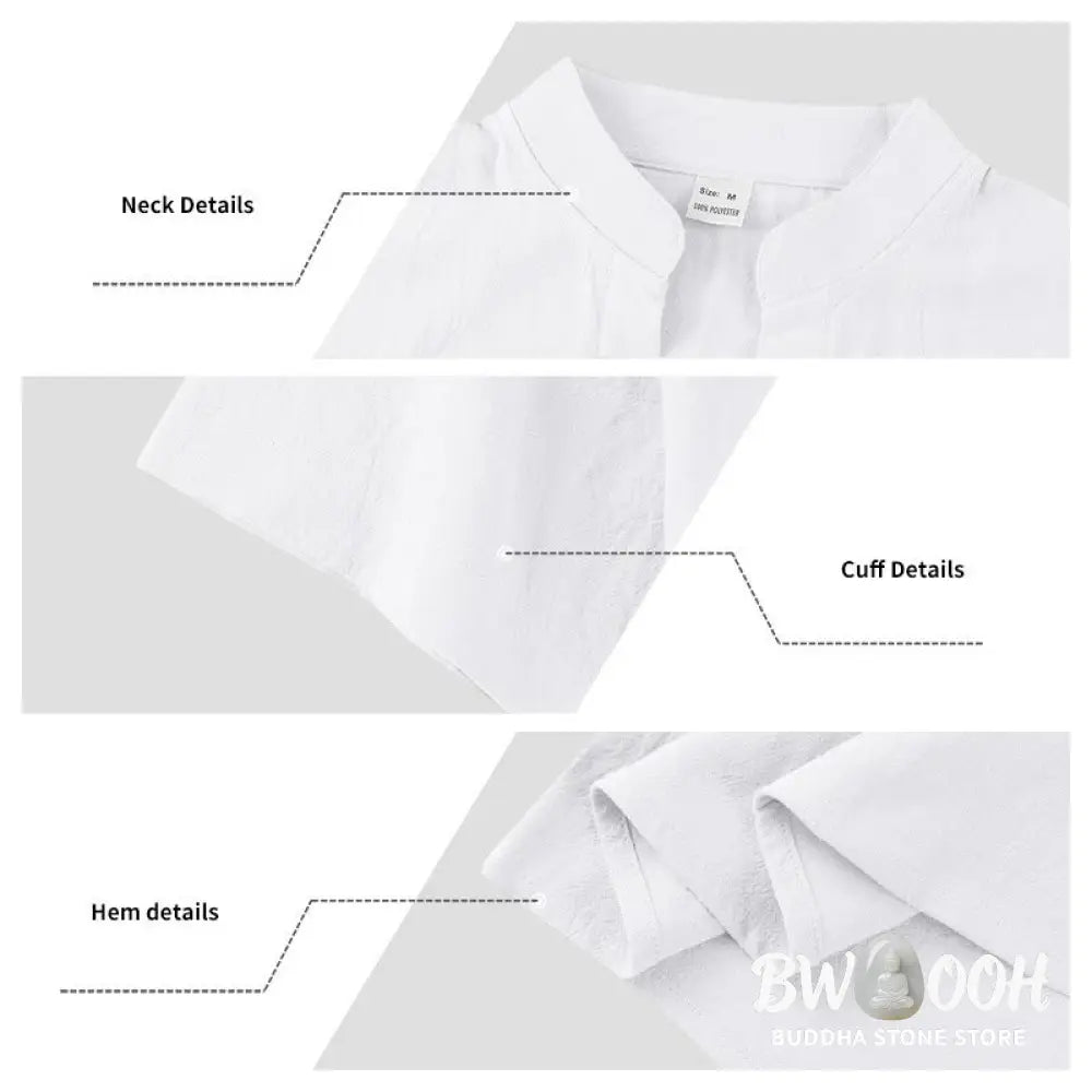 Buddha Stones Solid Summer Short Sleeve Half Buttons Linen Men’s Shirt - Men’s Shirts
