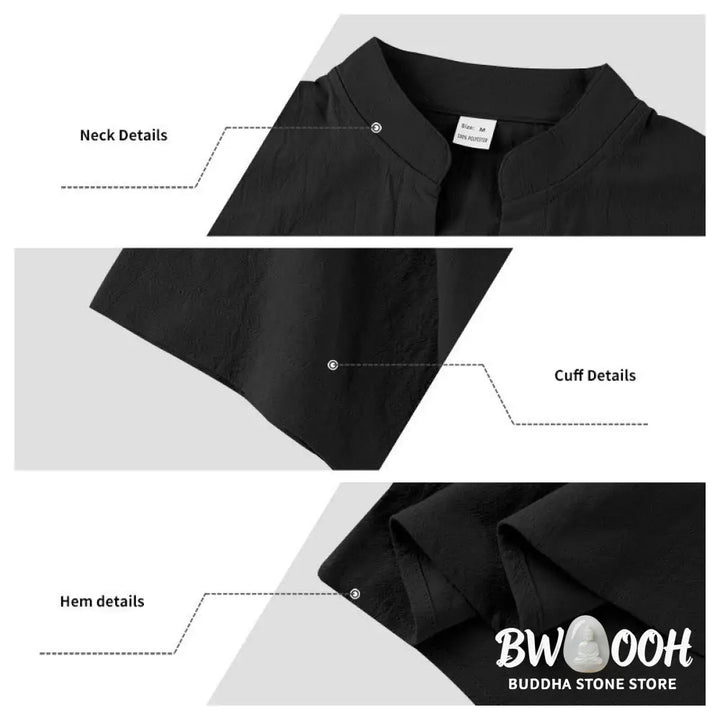 Buddha Stones Solid Summer Short Sleeve Half Buttons Linen Men’s Shirt - Men’s Shirts