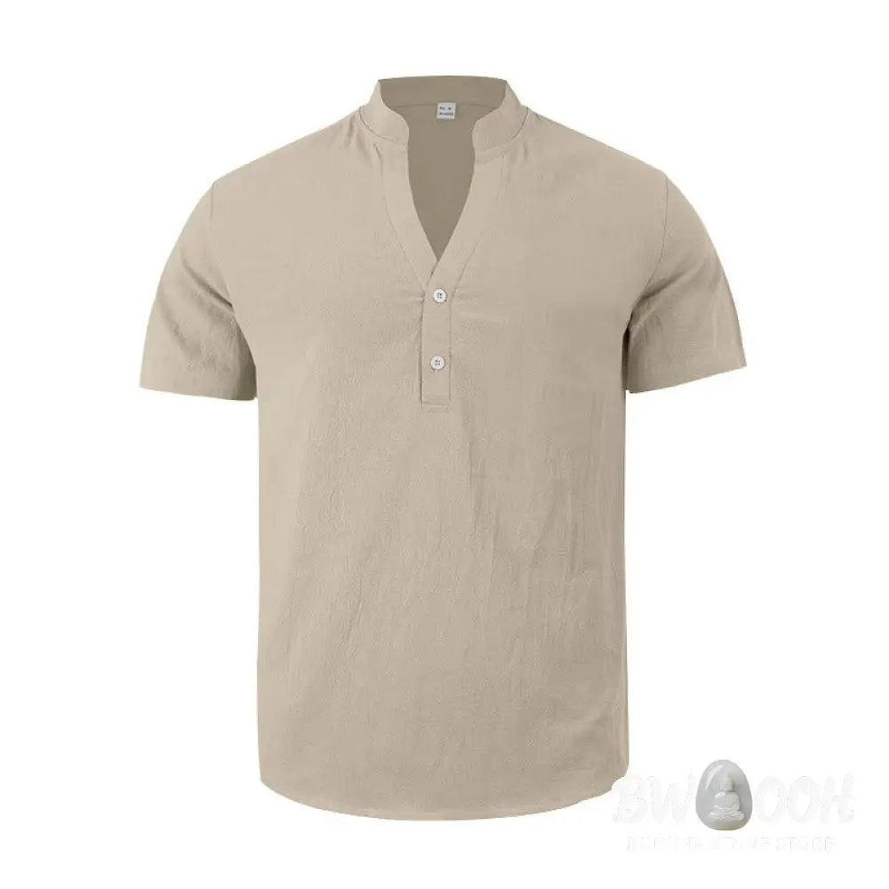Buddha Stones Solid Summer Short Sleeve Half Buttons Linen Men’s Shirt - Men’s Shirts