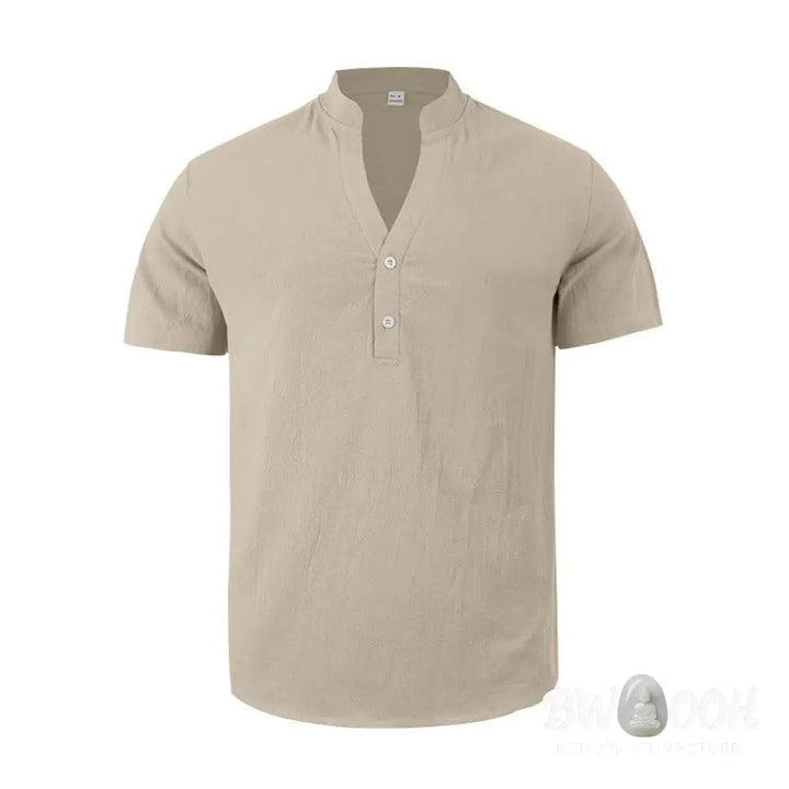 Buddha Stones Solid Summer Short Sleeve Half Buttons Linen Men’s Shirt - Men’s Shirts