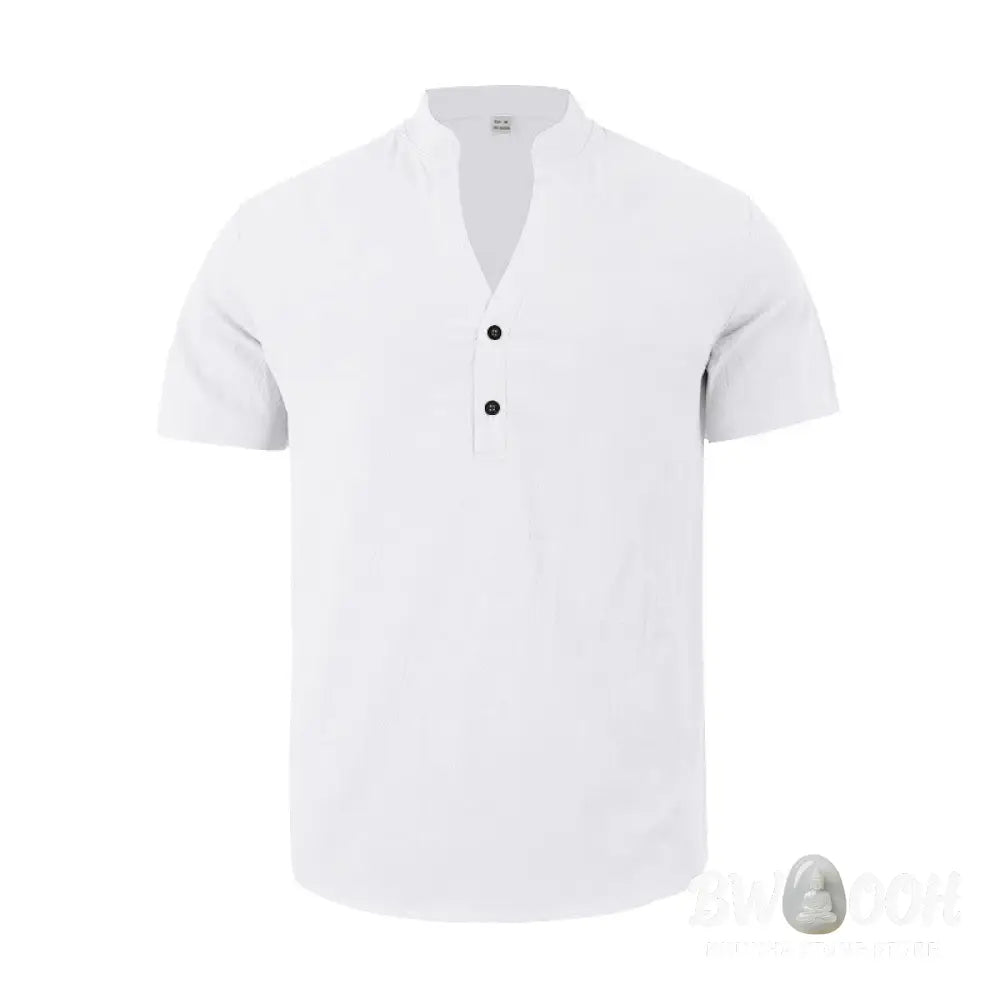 Buddha Stones Solid Summer Short Sleeve Half Buttons Linen Men’s Shirt - Men’s Shirts