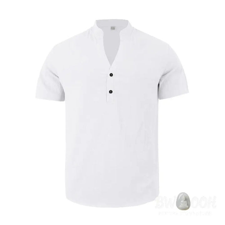 Buddha Stones Solid Summer Short Sleeve Half Buttons Linen Men’s Shirt - Men’s Shirts