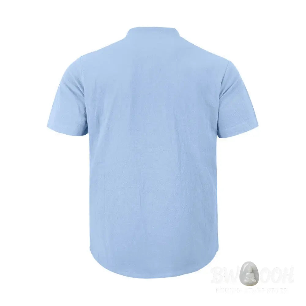 Buddha Stones Solid Summer Short Sleeve Half Buttons Linen Men’s Shirt - Men’s Shirts