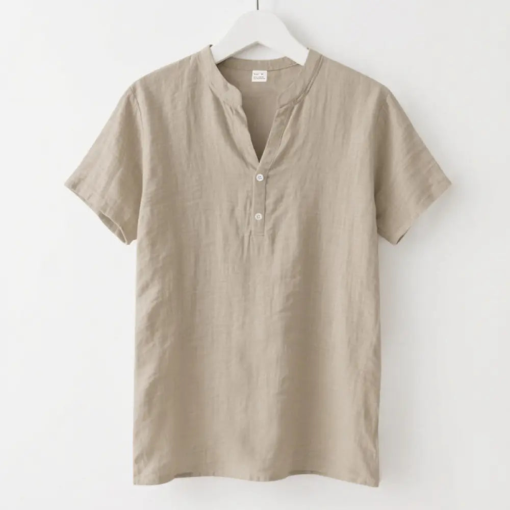 Buddha Stones Solid Summer Short Sleeve Half Buttons Linen Men’s Shirt - Wheat / US/UK/AU36，EU46 (S) - Men’s Shirts