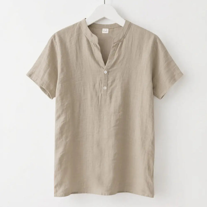 Buddha Stones Solid Summer Short Sleeve Half Buttons Linen Men’s Shirt - Wheat / US/UK/AU36，EU46 (S) - Men’s Shirts