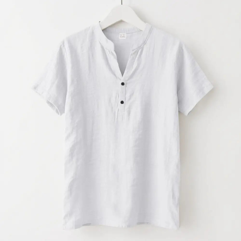 Buddha Stones Solid Summer Short Sleeve Half Buttons Linen Men’s Shirt - White / US/UK/AU36，EU46 (S) - Men’s Shirts