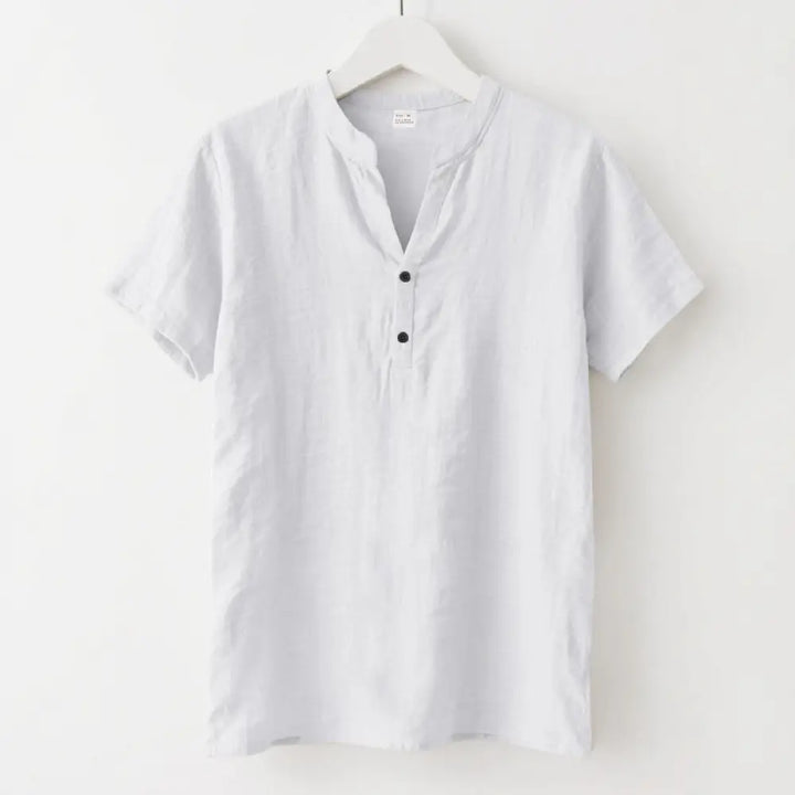 Buddha Stones Solid Summer Short Sleeve Half Buttons Linen Men’s Shirt - White / US/UK/AU36，EU46 (S) - Men’s Shirts