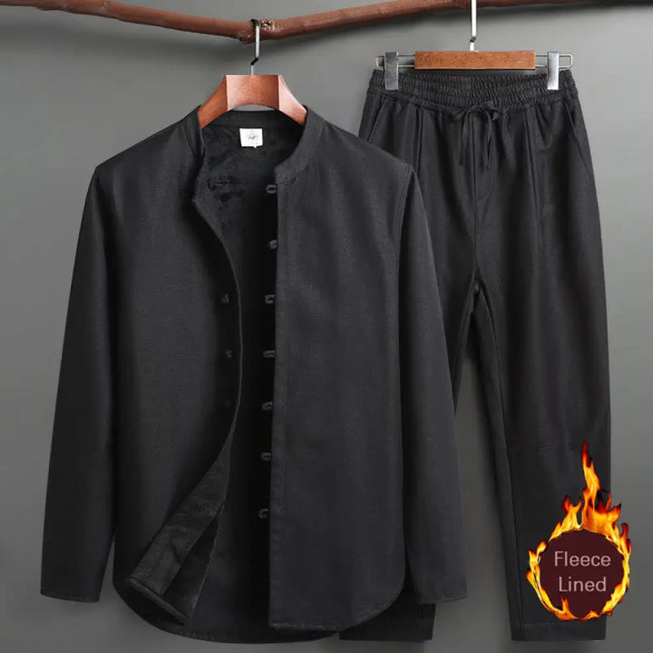 Buddha Stones Solid Tang Suit Traditional Fleece Lined Uniform Long Sleeve Top Pants Men’s Set - Black / Top&amp;Pants