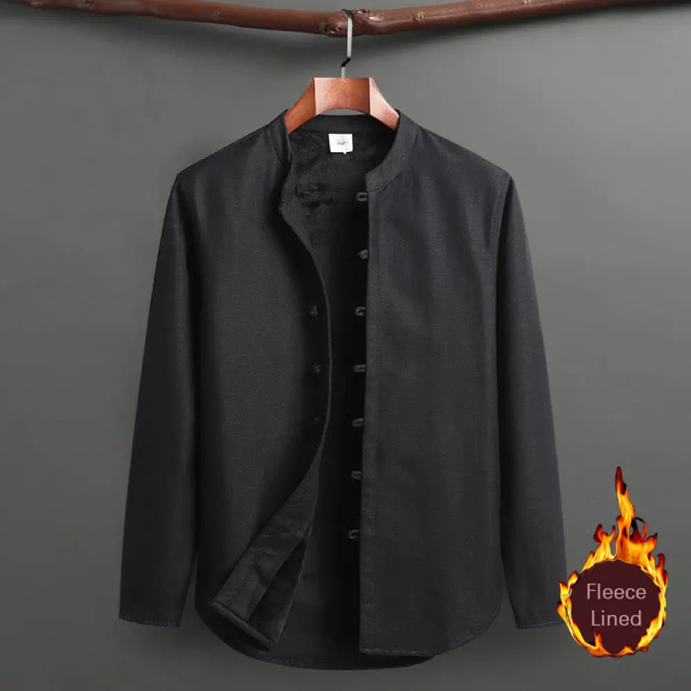 Buddha Stones Solid Tang Suit Traditional Fleece Lined Uniform Long Sleeve Top Pants Men’s Set - Black / Top