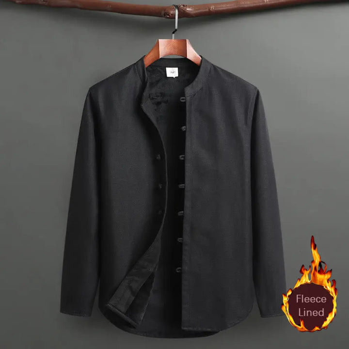 Buddha Stones Solid Tang Suit Traditional Fleece Lined Uniform Long Sleeve Top Pants Men’s Set - Black / Top