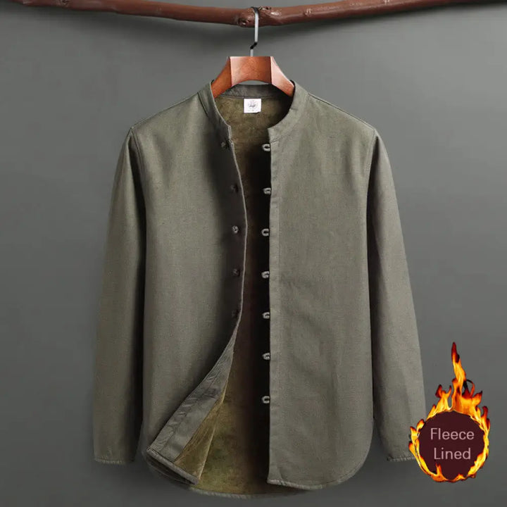 Buddha Stones Solid Tang Suit Traditional Fleece Lined Uniform Long Sleeve Top Pants Men’s Set - DarkSeaGreen / Top