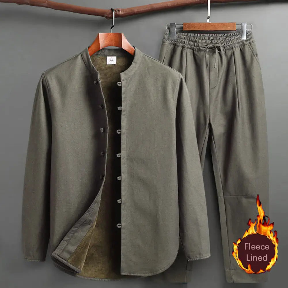Buddha Stones Solid Tang Suit Traditional Fleece Lined Uniform Long Sleeve Top Pants Men’s Set - DarkSeaGreen