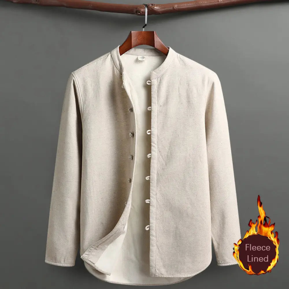Buddha Stones Solid Tang Suit Traditional Fleece Lined Uniform Long Sleeve Top Pants Men’s Set - Linen / Top