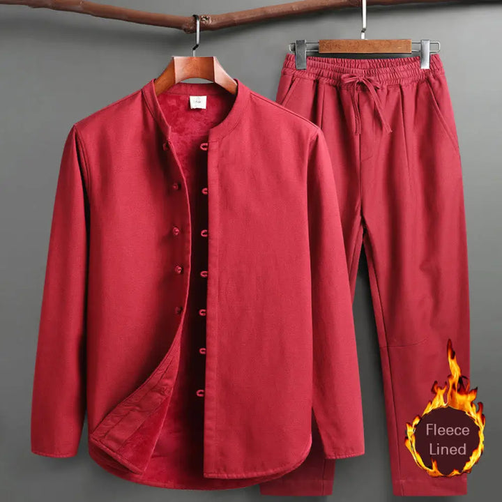 Buddha Stones Solid Tang Suit Traditional Fleece Lined Uniform Long Sleeve Top Pants Men’s Set - Red / Top&amp;Pants