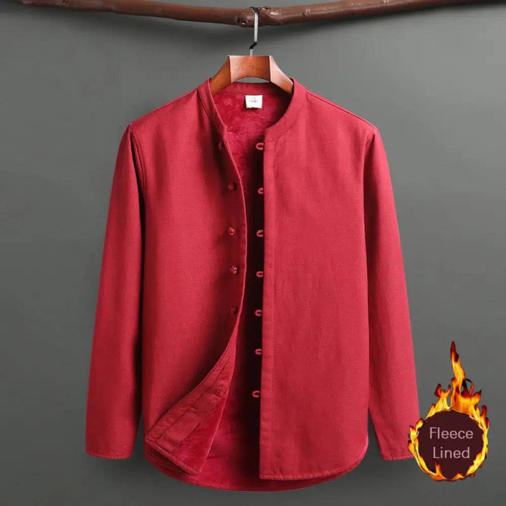 Buddha Stones Solid Tang Suit Traditional Fleece Lined Uniform Long Sleeve Top Pants Men’s Set - Red / Top