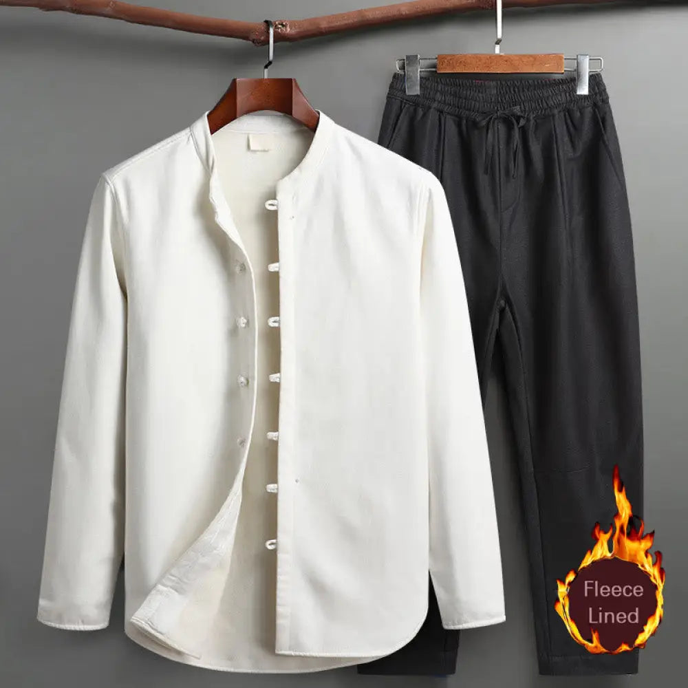 Buddha Stones Solid Tang Suit Traditional Fleece Lined Uniform Long Sleeve Top Pants Men’s Set - White / Top&amp;Pants