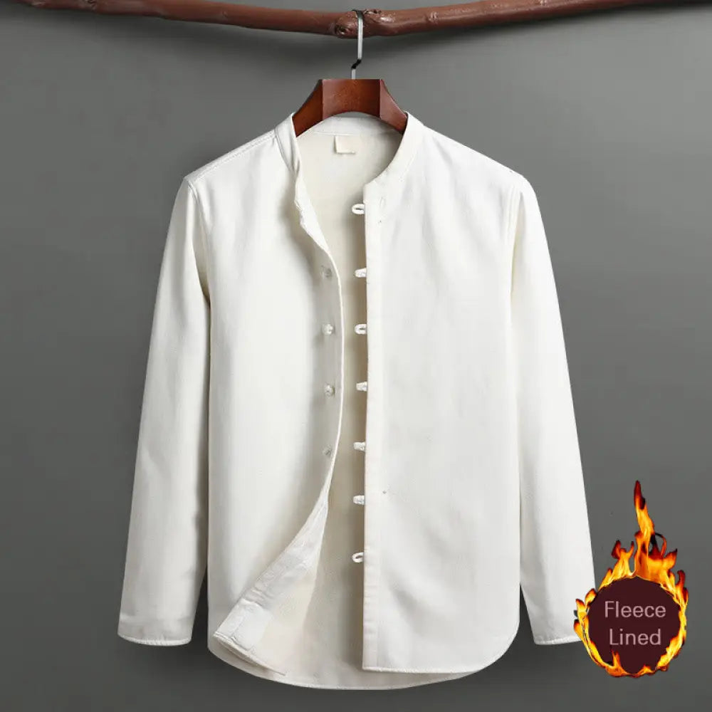 Buddha Stones Solid Tang Suit Traditional Fleece Lined Uniform Long Sleeve Top Pants Men’s Set - White / Top