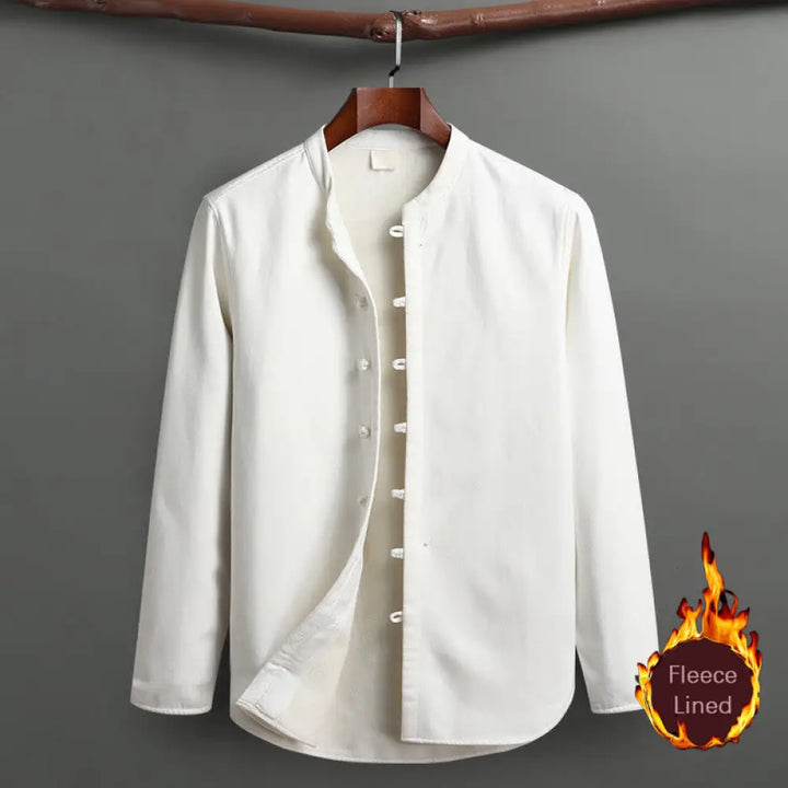 Buddha Stones Solid Tang Suit Traditional Fleece Lined Uniform Long Sleeve Top Pants Men’s Set - White / Top