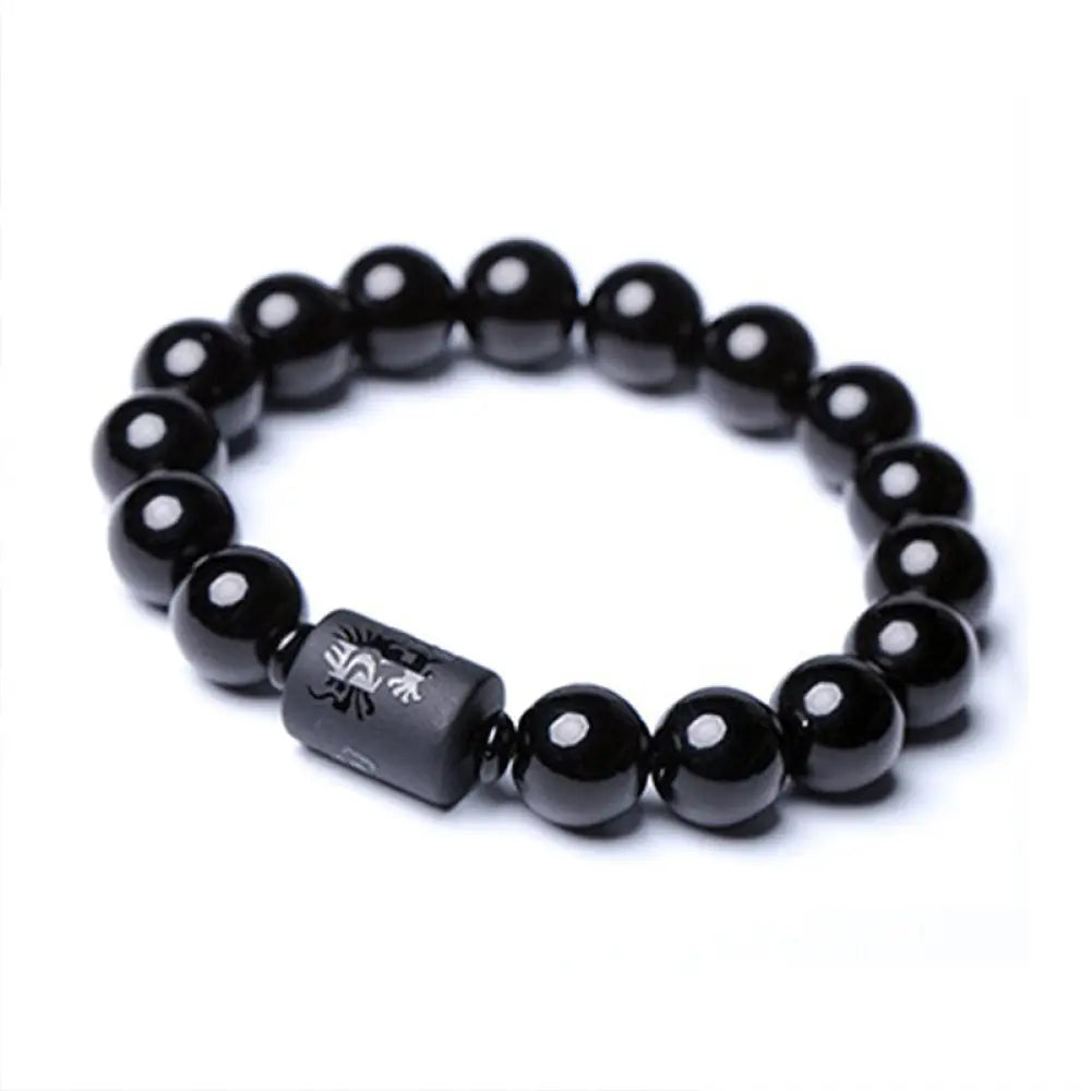 Buddha Stones Soul Cleansing Black Obsidian Phoenix Dragon Bracelet - BWOOOH - Dragon / 0.39 in (10 mm) - Bracelet