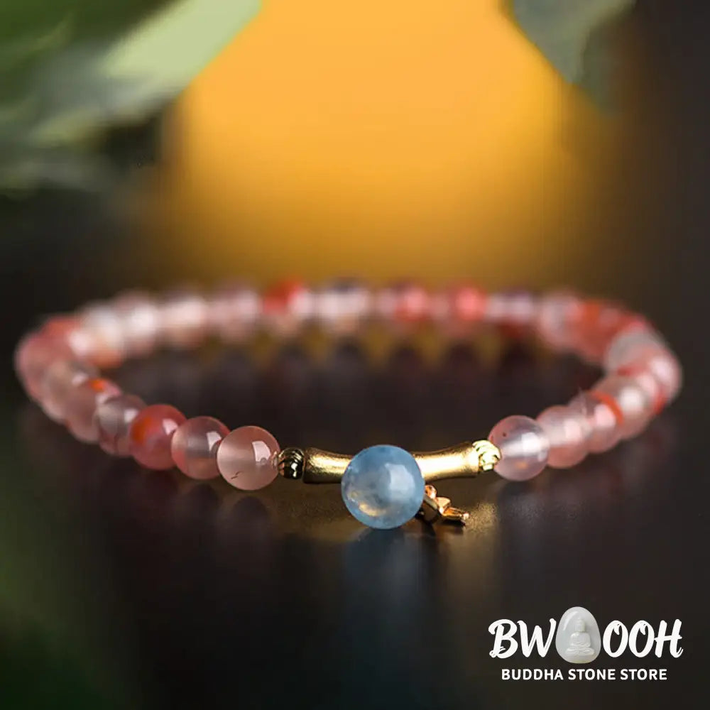 Buddha Stones South Red Agate Aquamarine Pearl Hetian Jade Bamboo Flower Fortune Bracelet - BWOOOH - Bracelet