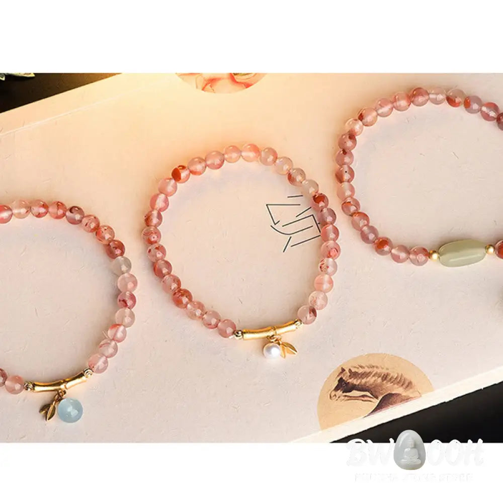 Buddha Stones South Red Agate Aquamarine Pearl Hetian Jade Bamboo Flower Fortune Bracelet - BWOOOH - Bracelet