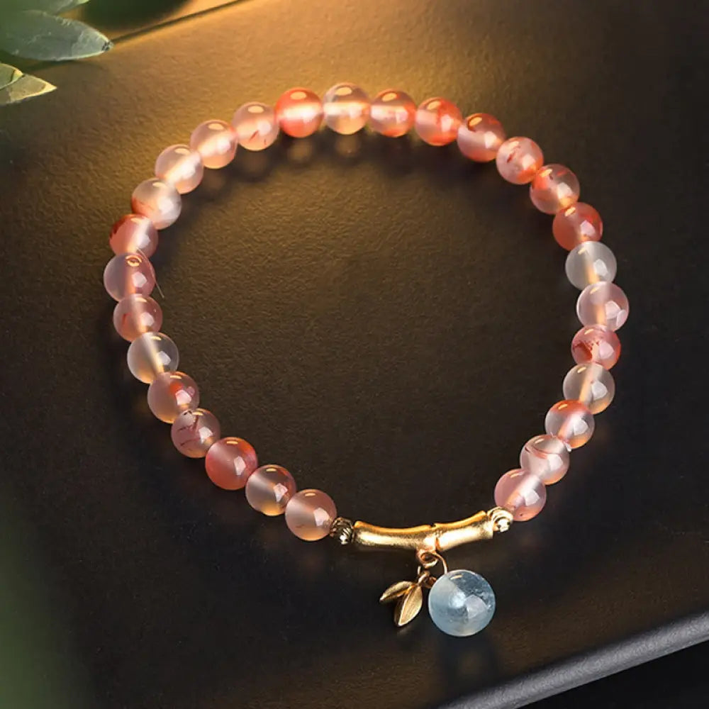 Buddha Stones South Red Agate Aquamarine Pearl Hetian Jade Bamboo Flower Fortune Bracelet - BWOOOH - South Red Agate